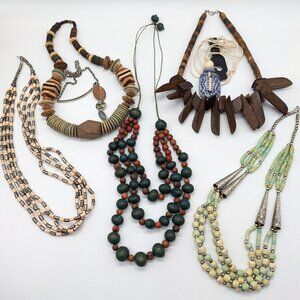 Vintage Boho Hippie Brown Green Tan Neutral Eclectic Necklace Bundle